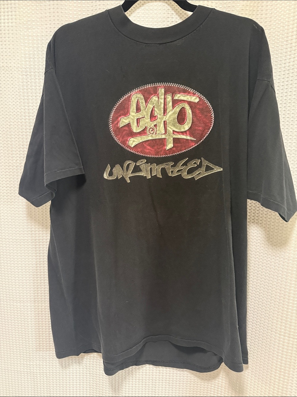 Echo Black Short-Sleeve Graphic Tee with Red Oval and Gold Script